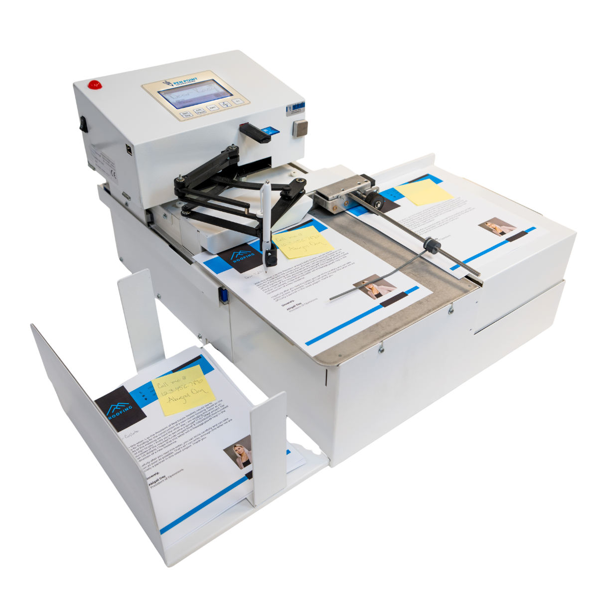 UniProd handwriting machine writing a personalized roofing letter with sticky-note callout