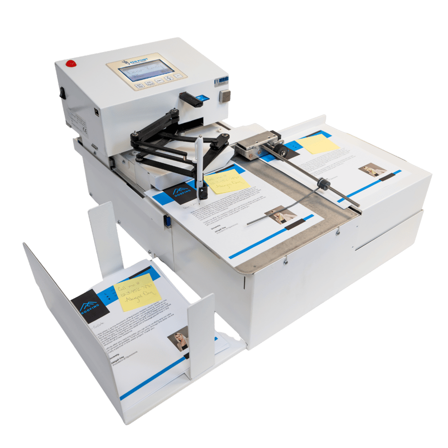 UniProd handwriting machine writing a personalized roofing letter with sticky-note callout