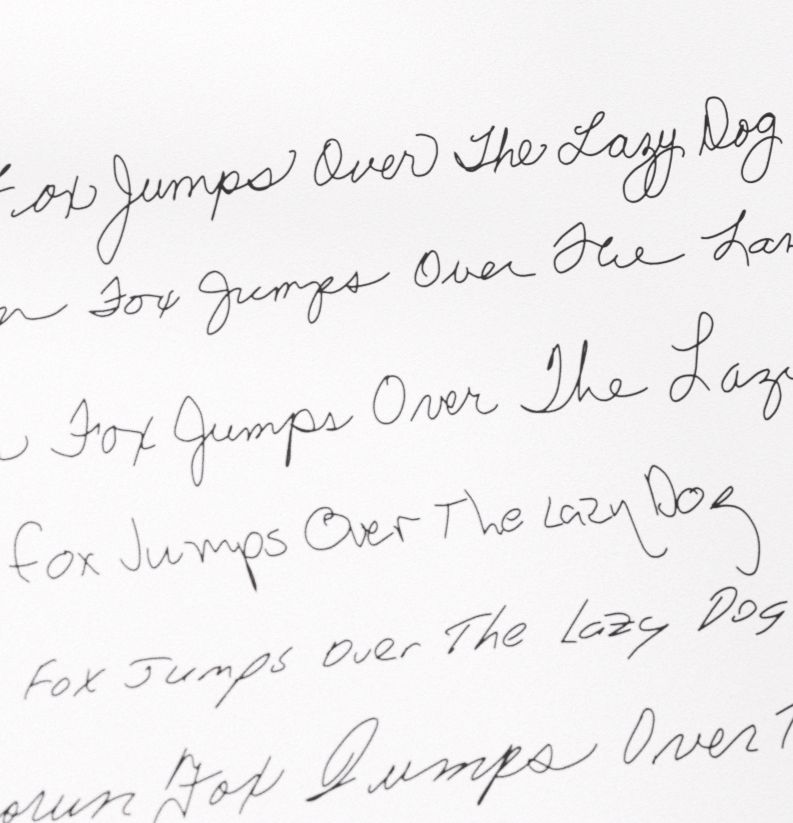 Handwritten card with circled letters showing Pen Point's letterform variation — the same letter is never written identically