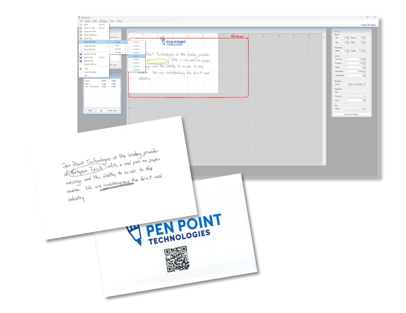 Pen Point's Autograph software composing a handwritten mail job, with the finished printed card and envelope