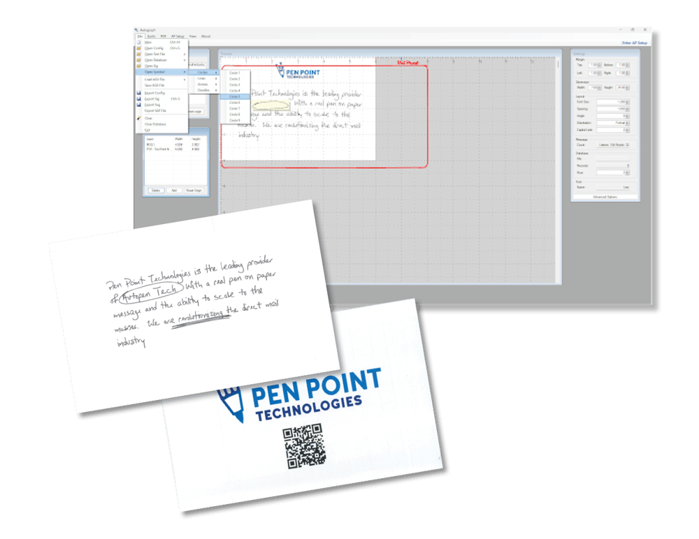 Pen Point's Autograph software composing a handwritten mail job, with the finished printed card and envelope