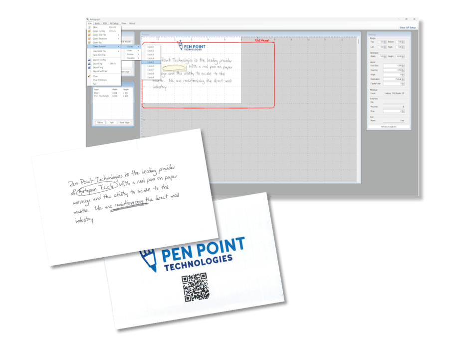 Pen Point's Autograph software composing a handwritten mail job, with the finished printed card and envelope