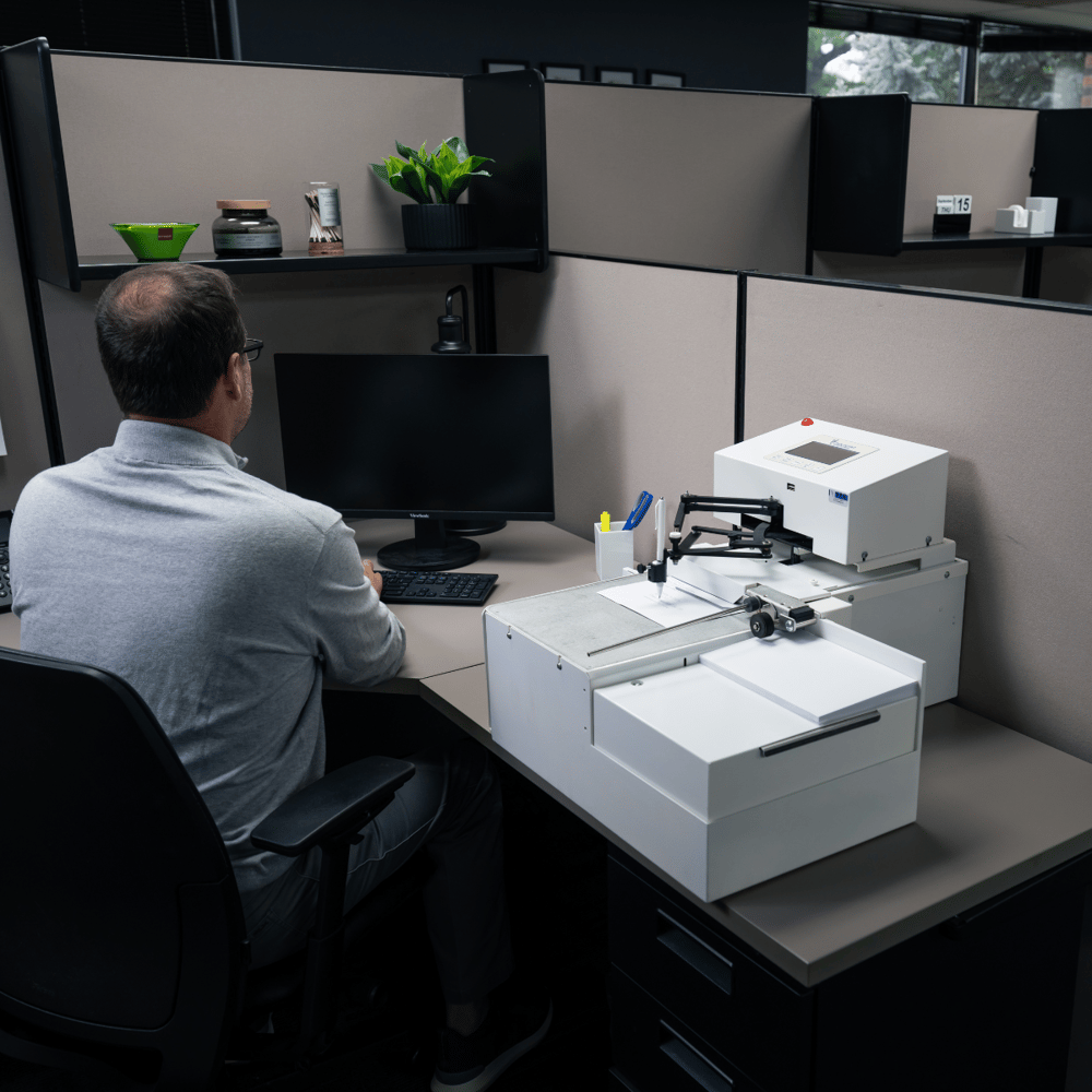An employee starting a job on a UniProd handwriting machine from his desk in a normal office cubicle