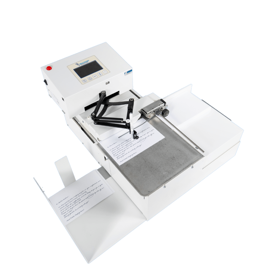 Uniprod handwriting machine — full view with interactive feature callouts