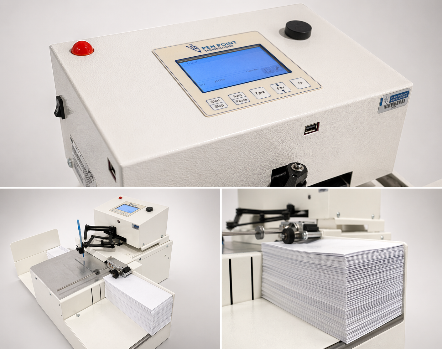 UniProd control panel, feeder, and precision pen carriage detail views