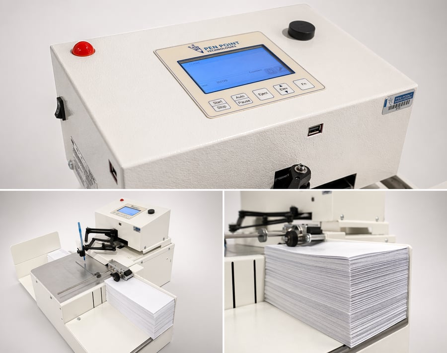 UniProd control panel, feeder, and precision pen carriage detail views