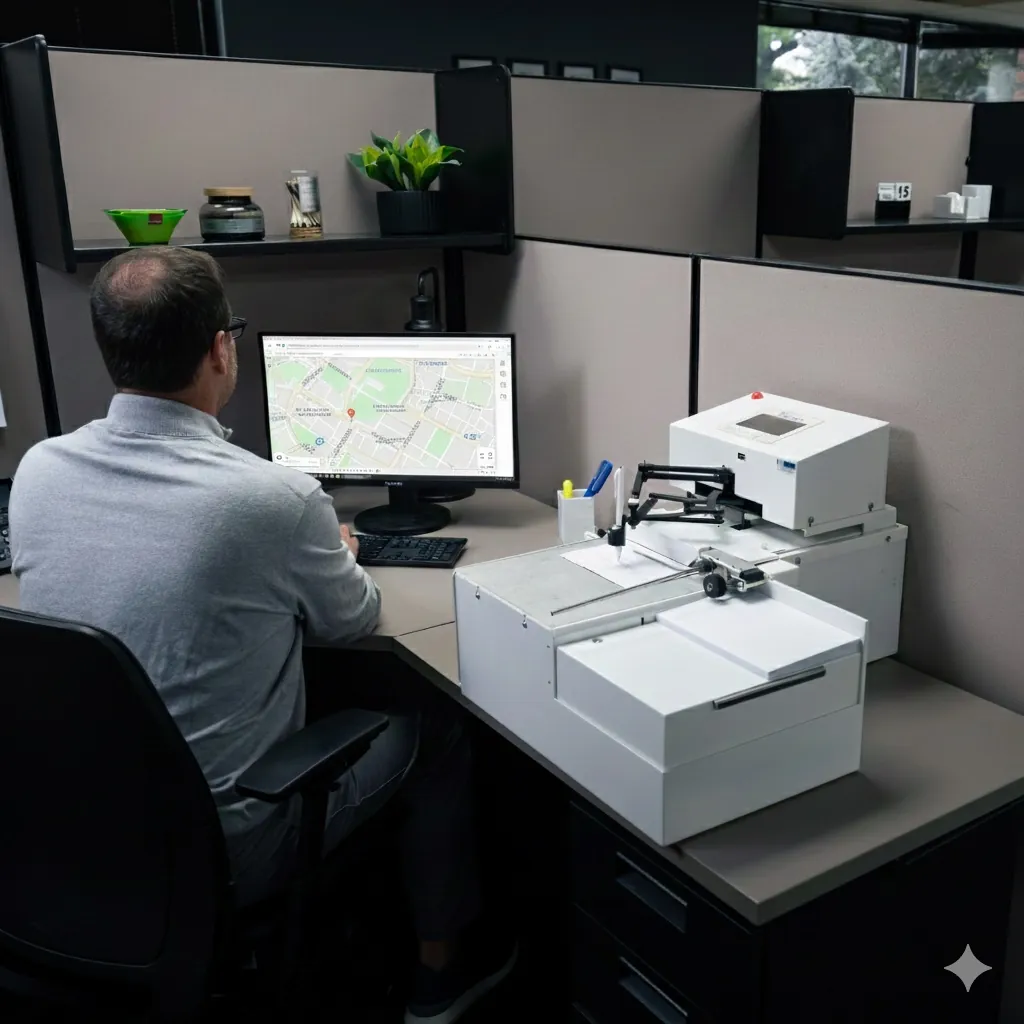 A UniProd handwriting machine running beside a desk in a standard office cubicle
