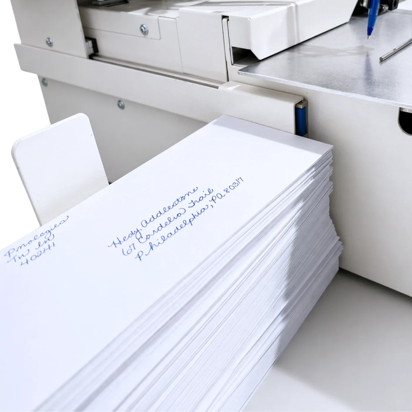 Hand-addressed envelopes stacked in the UniProd catch tray, the pen above them