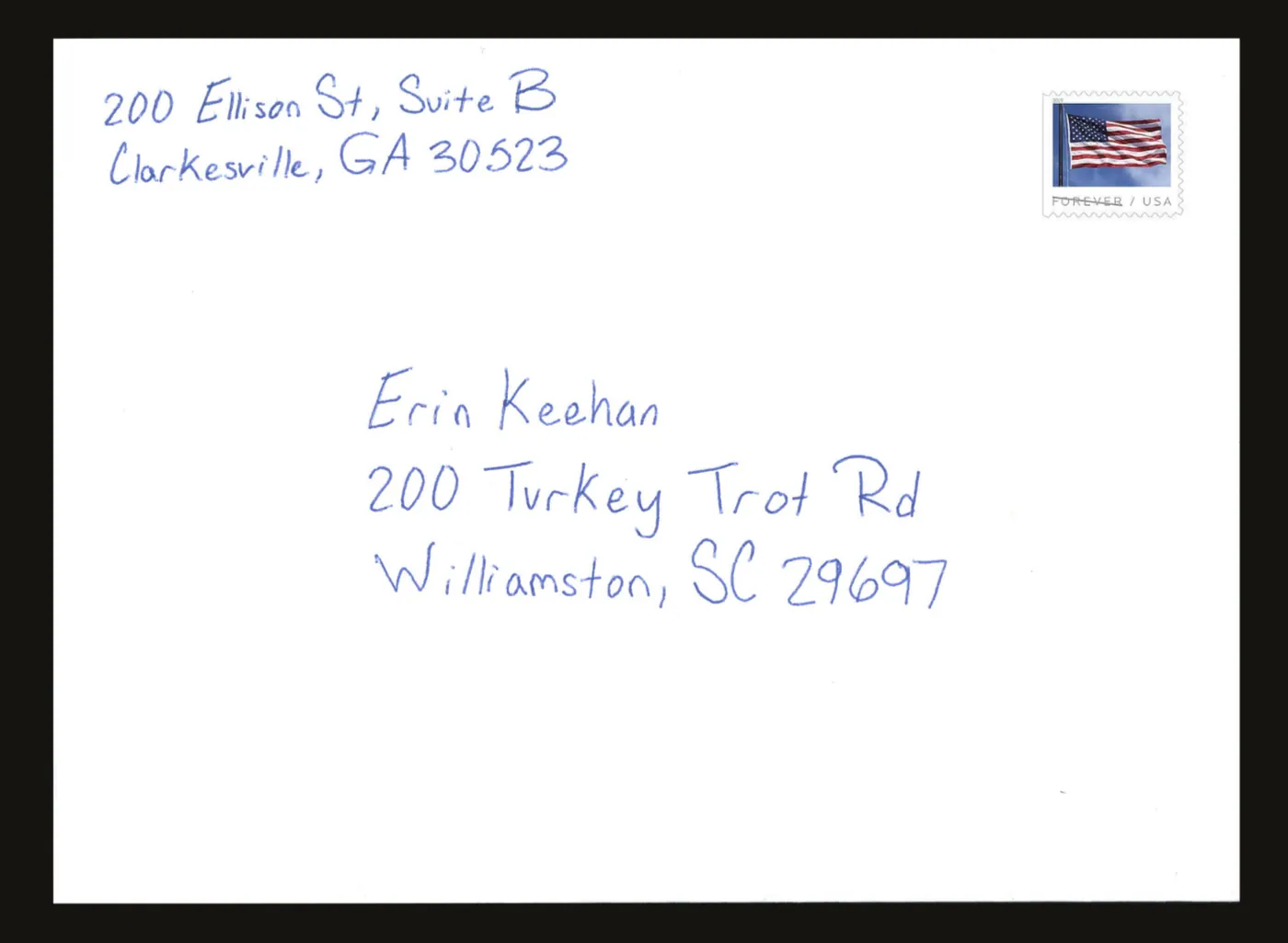 Handwritten envelope with a return address 