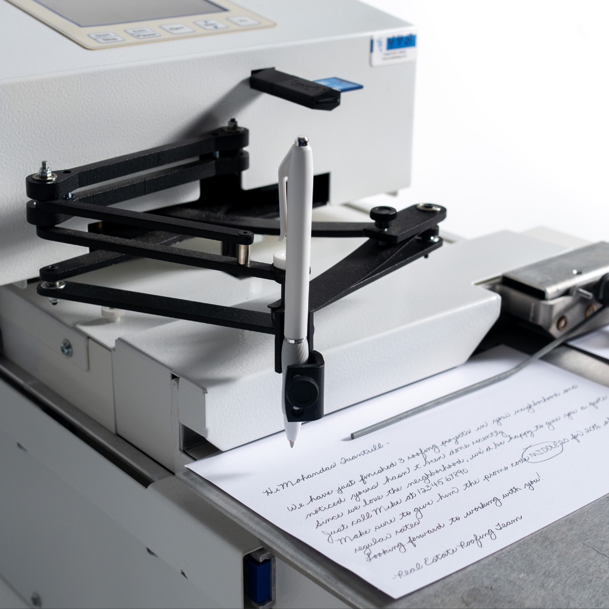 Machine-handwritten note card in real ink, the format insurance client-appreciation programs use
