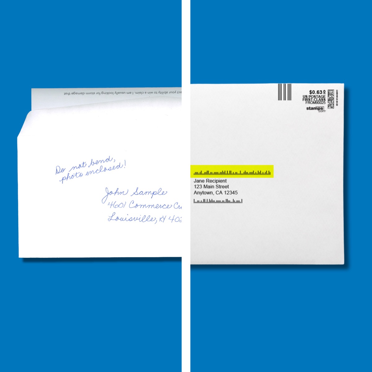 Handwritten envelope next to a printed one — the difference a homeowner sees in the daily mail stack