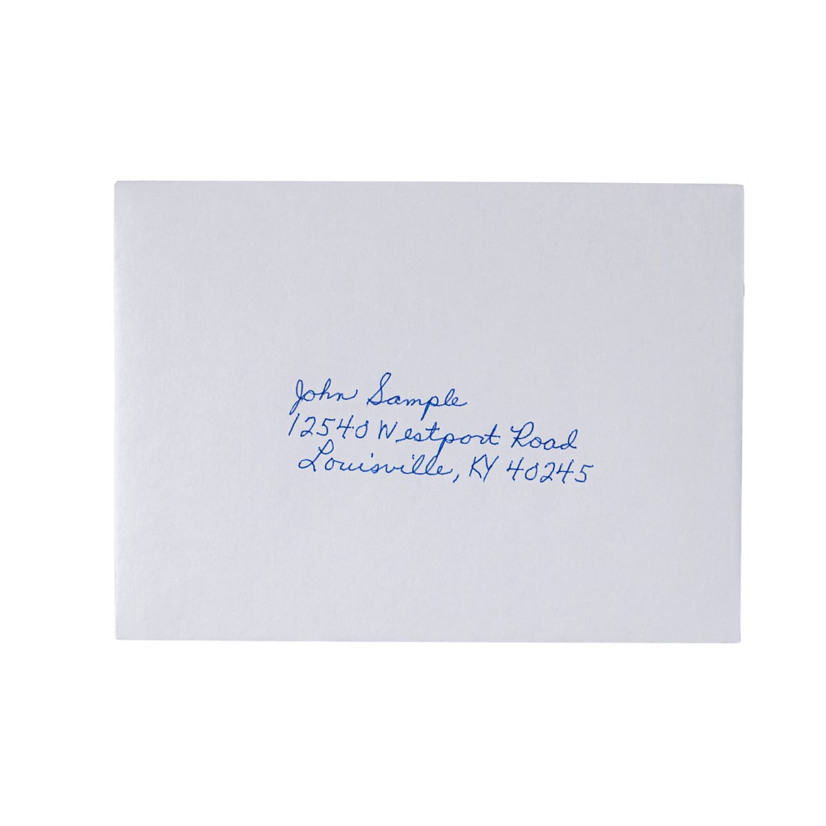 Envelope hand-addressed by the UniProd handwriting machine in blue ballpoint