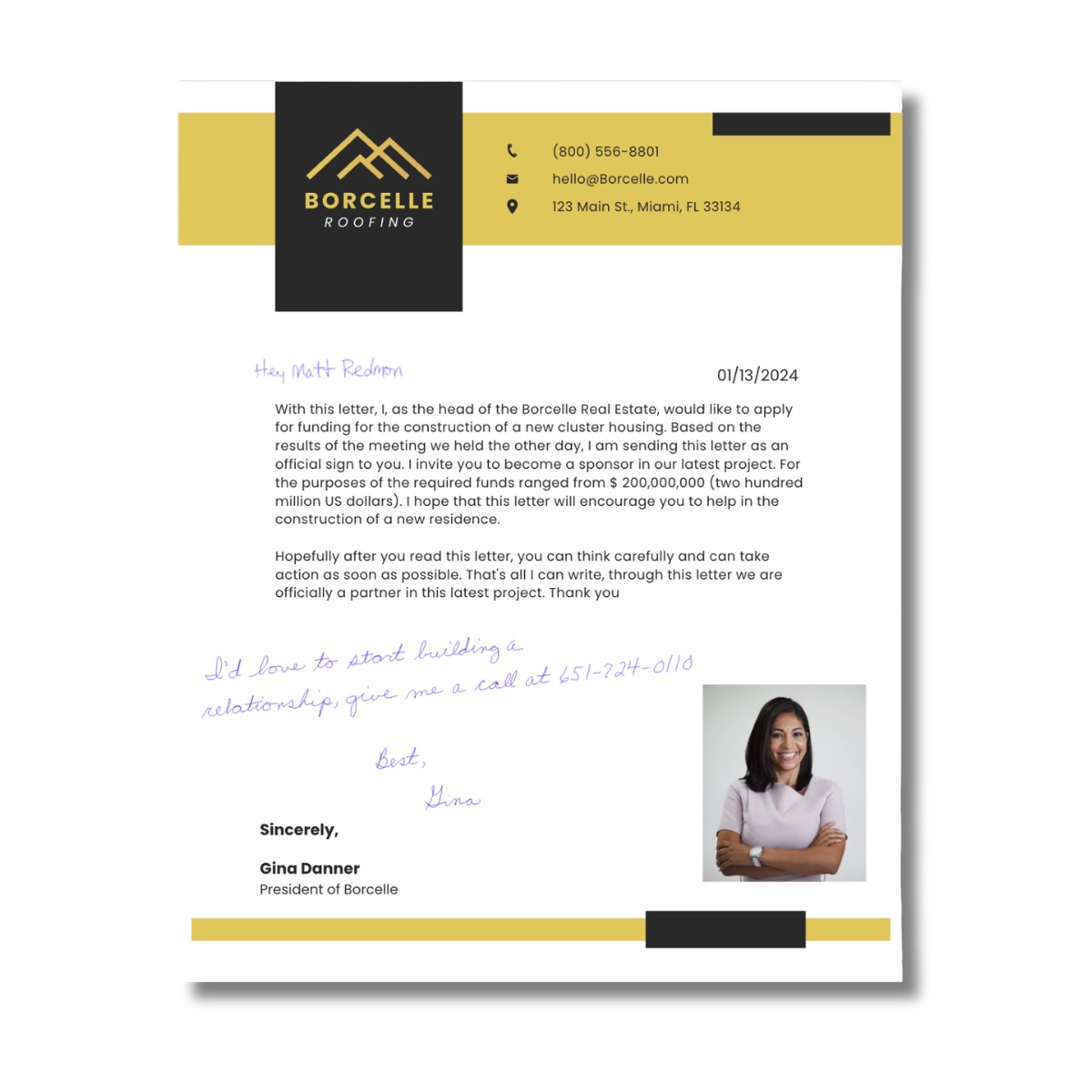Printed letterhead with machine-handwritten body text — the format home-service neighbor letters use